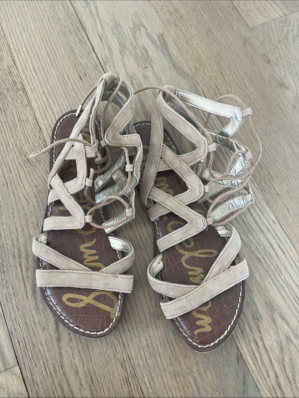 Sam Edelman Beige Suede Lace-Up Gladiator Sandals
